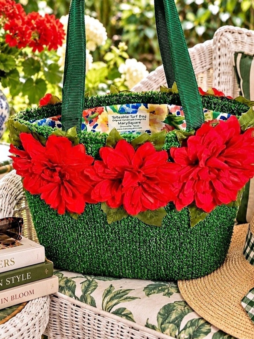 MarySquare Toteable Turf Bag Floral Green Red Handmade Statement Tote